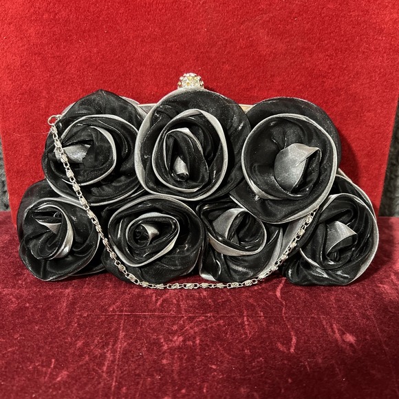 The Unbranded Brand Handbags - Women Satin Rose Rhinestone Black / Gray Color Handbag Silver tone chain